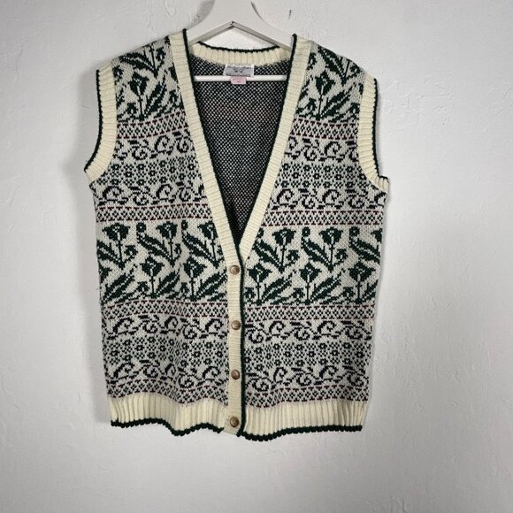 Vintage College Point Button Up Knit Sweater Vest Large Floral Fair Isle Green - Picture 1 of 5